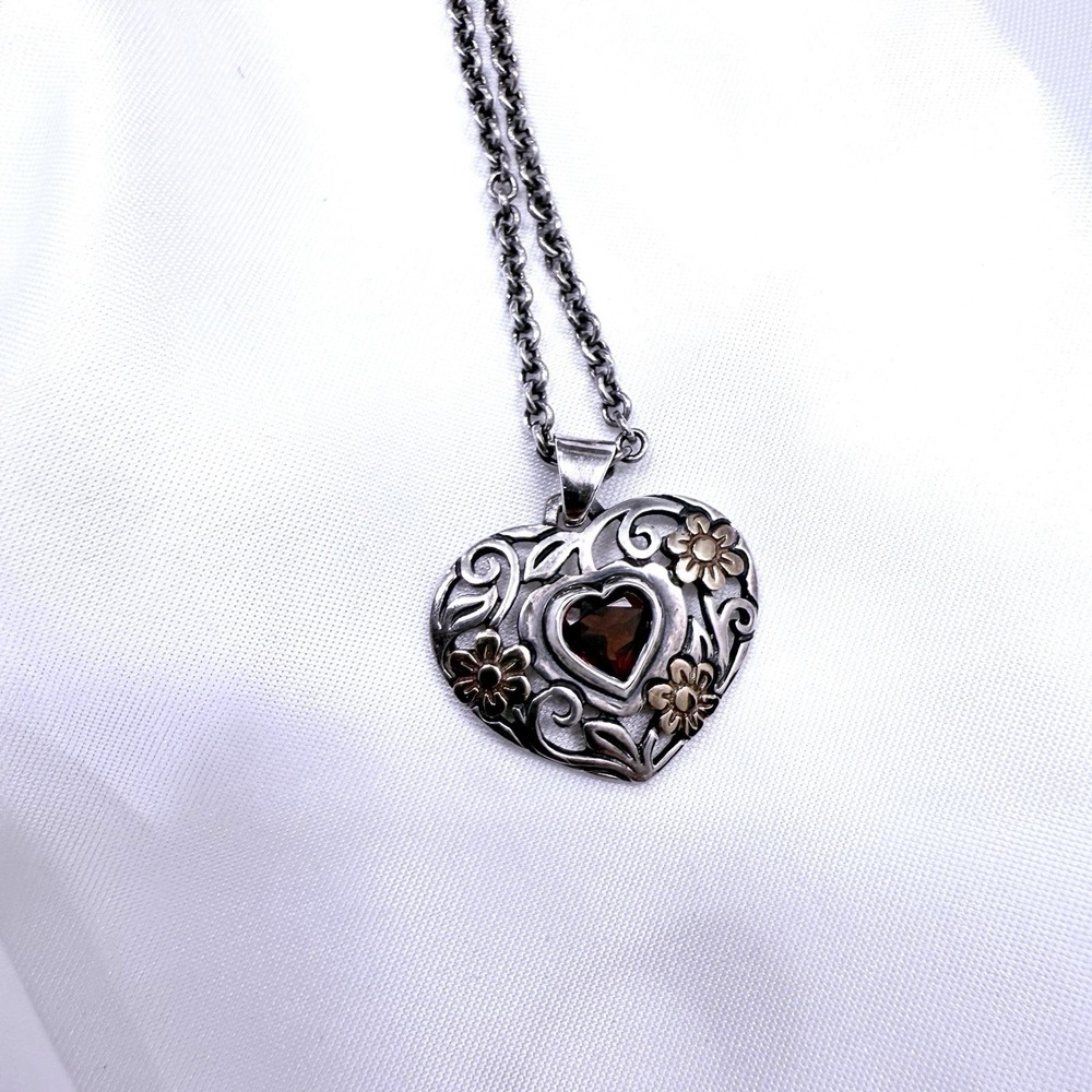 Retired James Avery‎ Garnet Heart Necklace Silver Gold Jewel Classic Preppy